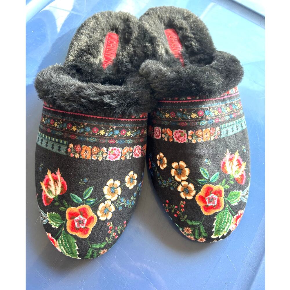 Johnny Was Ardell Slipper Floral Black Furry Slip On Size Women's 9